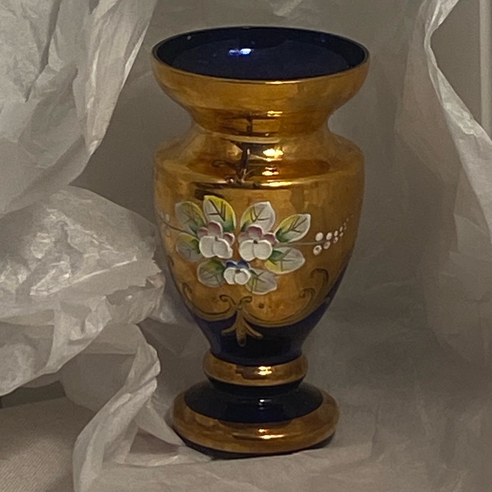 Vintage vase cobalt blue glass floral gold Bohemian Czech hand painted MCM